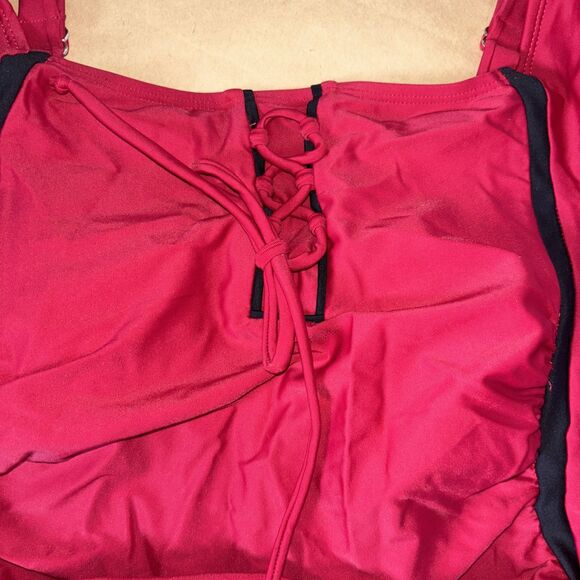 Red And Black Swim Dress Bathing suit Lace Up Front Size Large - Picture 3 of 8